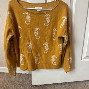 Anthropologie Maeve Medium Mustard Boat Neck Seahorse Sweater